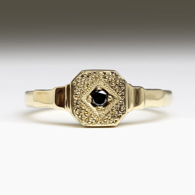 9ct Yellow Gold Highly Polished Signet Ring with Black Diamond