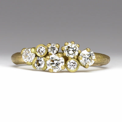 Sandcast 18ct Yellow Gold Ring with x8 Diamonds in Cluster of Claw & Open Bezel Settings