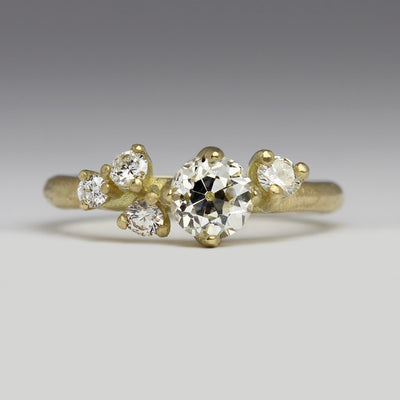 Sandcast Ring in 18ct Yellow Gold with Old European Cut Diamonds in Custom Claw