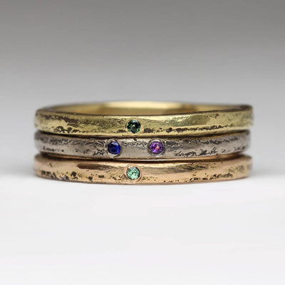 18ct Gold Stacking Rings with Flush Set Sapphire, Tourmaline, Alexandrite & Amethyst