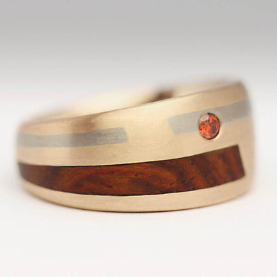 18ct Red Gold Ring with 18ct White Gold and Cocobolo Inlays, Cognac Diamond