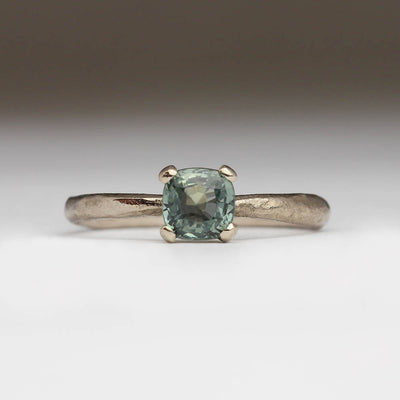 18ct White Gold Sandcast Ring with 5mm Cushion Cut Green Sapphire