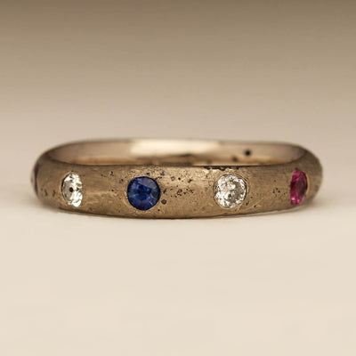 18ct White Gold Sandcast Ring with Diamonds, Peridot and Pink and Blue Sapphires