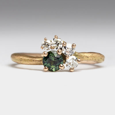 18ct Rose Gold Sandcast Engagement Ring with 4.5mm Green Sapphire & Wave of Vintage Diamonds