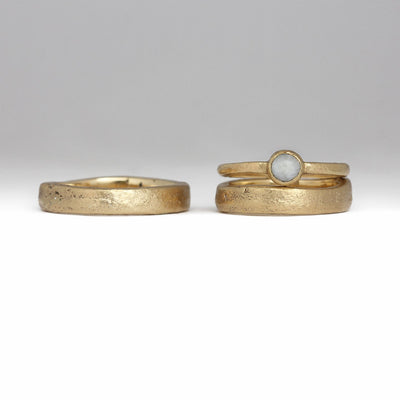 9ct Yellow Gold Sandcast Engagement Ring with Hand Cut Quartz & Sandcast Wedding Set in 9ct Yellow Gold