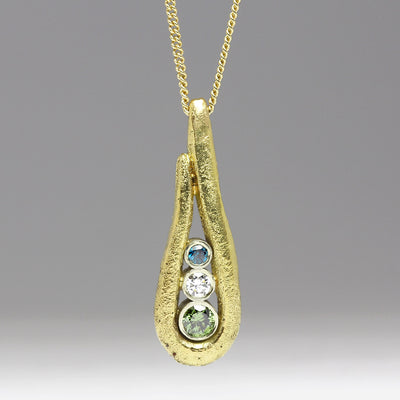 Sandcast 18ct Yellow Gold Pendant with Blue, White & Green Diamonds in 9ct White Gold Bezels