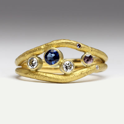 22ct Gold Sandcast Wave Ring with Blue and Lilac Sapphires & White Diamonds