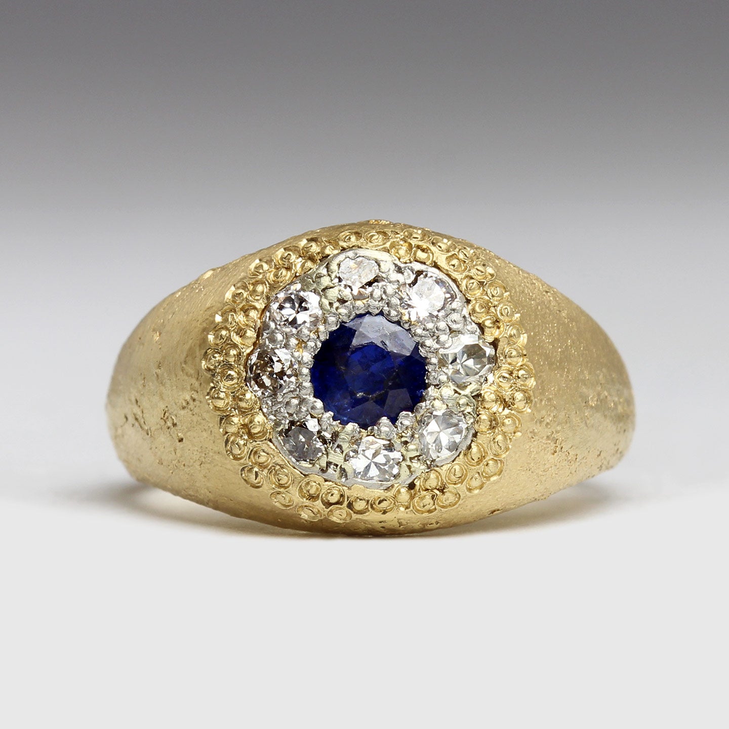 18ct Yellow Gold Sandcast Signet Ring with Heirloom Sapphire & Diamond ...