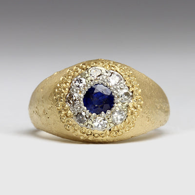 18ct Yellow Gold Sandcast Signet Ring with Heirloom Sapphire & Diamond Setting