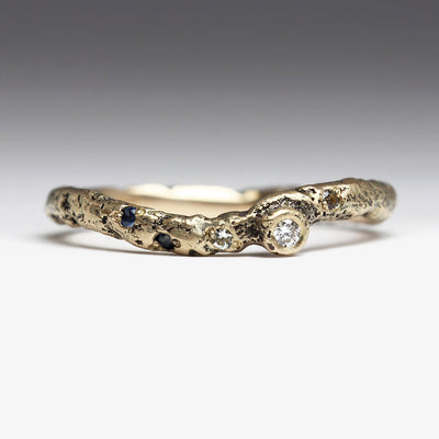 Sandcast 9ct Yellow Gold Organic Wave Ring with Heirloom Diamond & Montana Sapphires