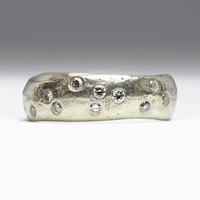 9ct White Gold Sandcast 6mm Wedding Ring with Clustered Scatter of Heirloom Diamonds