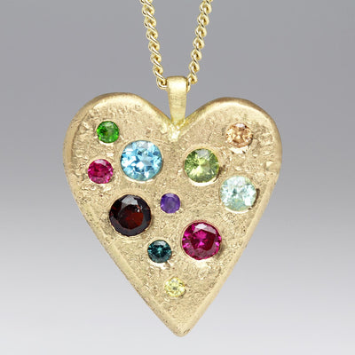 Sandcast 9ct Yellow Gold Heart Shaped Pendant with Rainbow Scatter of Amethyst, Garnets, Peridot, Sapphires, Spinel, Tourmalines & Diopside