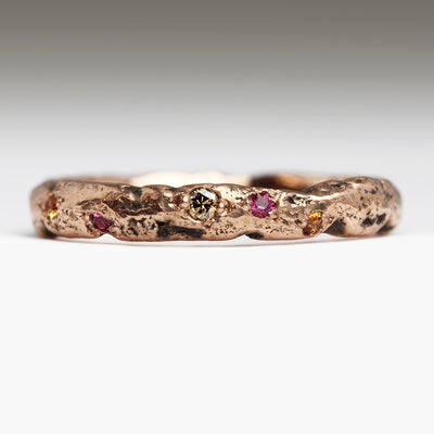 9ct Rose Gold Extra Texture Sandcast Ring with Scatter of Brown Diamonds, Orange Sapphires & Pink Sapphires