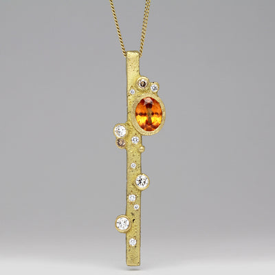 18ct Yellow Gold Sandcast Bar Pendant with Orange Topaz & Scatter of Brown & Heirloom White Diamonds