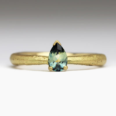 18ct Yellow Gold Sandcast Ring with Blue & Green Pear Cut Sapphire