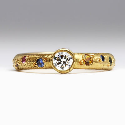 Sandcast 22ct Gold Ring with Bezel Set Diamond & Scatter of Rainbow Sapphires