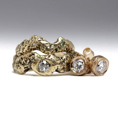 Shaped Wedding Set of Rings with Old Mine Cut Diamond, Vintage Diamonds & Tourmalines in Sandcast Extra Texture 14ct Yellow Gold & 9ct Yellow Gold Sandcast Earrings with Diamonds