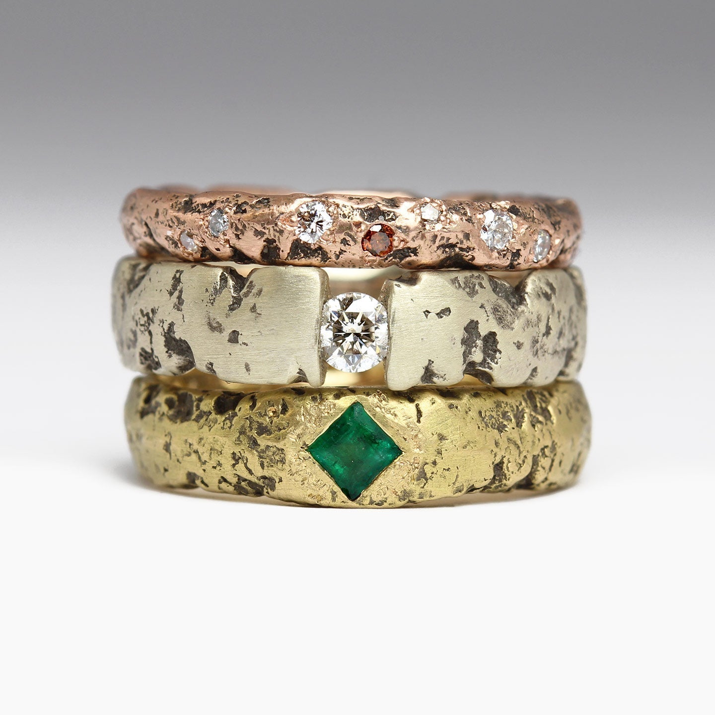 Sundance Stack Rings Sandcast Ring Stack in 18ct Yellow Gold with Heirloom Emerald, 9ct Whi ...