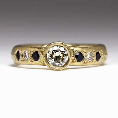 18ct Yellow Gold Sandcast Engagement Ring with Heirloom Diamonds & Sapphires