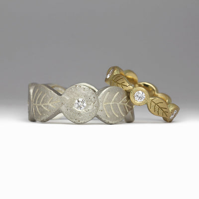 Leaf Motif Wedding Rings in Sandcast 14ct Yellow Gold & Silver with Flush Set Heirloom Diamonds