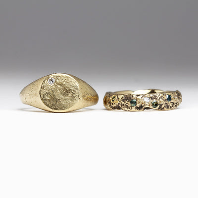 Extra Texture Sandcast Diamond & Sapphire Scatter Ring & Sandcast Signet Ring with Flush Set Diamond