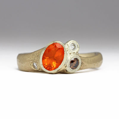 Fire Opal Sea Treasure Ring in Sandcast 9ct Yellow Gold with Brown and White Diamonds