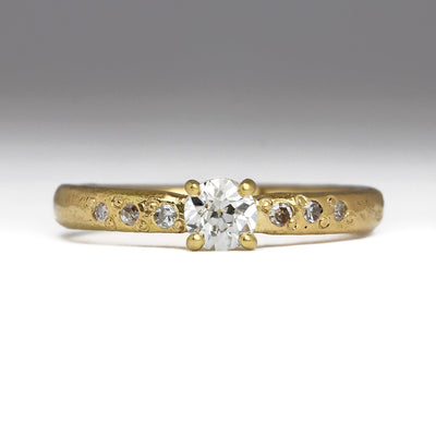 Heirloom 18ct Gold Sandcast Engagement Ring with 4.3mm Old Cut Diamond & x6 Vintage Diamonds