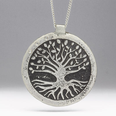 Silver Sandcast Pendants with Tree Engravings & Trio of Diamonds