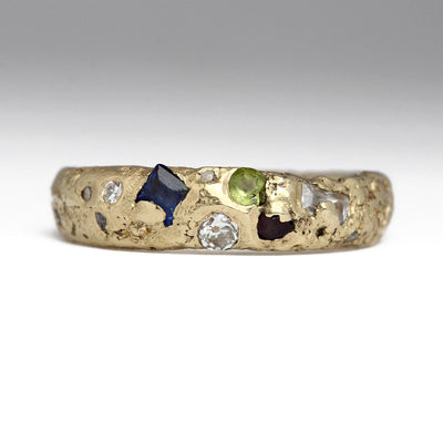 Heirloom Gold Sandcast Ring with Ancestral Engravings & Organically Set Sapphire, Peridot, Mudlarked Garnet, Diamond Chips & Heritage Baguette Gemstones