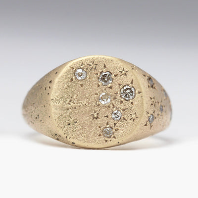 Sandcast 9ct Yellow Gold Signet Ring with Star Set Scatter of Vintage Diamonds