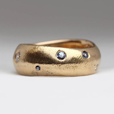 22ct Yellow Gold Sandcast Ring in Own Gold with Flush Set Montana Sapphires & Reclaimed Diamonds