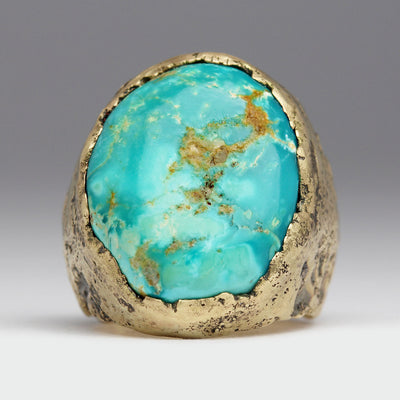Extra Texture 9ct Yellow Gold Sandcast Chunky Ring with Own Cabochon Turquoise