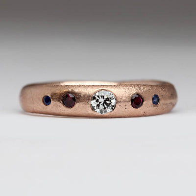 9ct Rose Gold Sandcast Ring with Flush Set Rubies, Sapphires & Diamonds