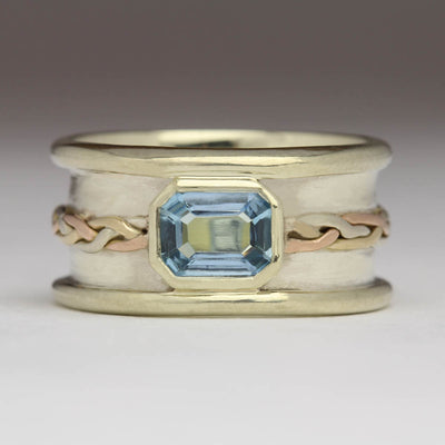 9ct White Gold Ring with Aquamarine and 9ct Gold Plait