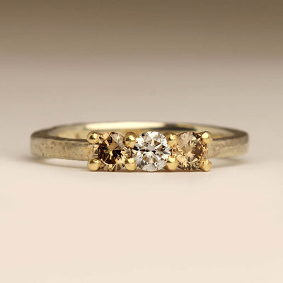 Three Stone Diamond Engagement Ring with White and Champagne Diamonds