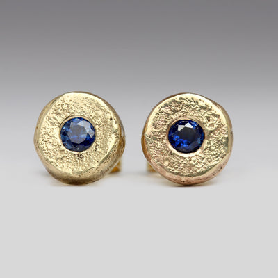 Sandcast Studs in 9ct Yellow Gold with Flush Set 2.75mm Sapphires