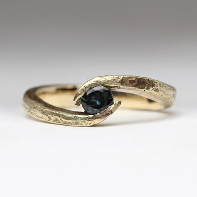 Sandcast 9ct Yellow Gold Wave Ring with Teal Sapphire