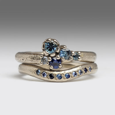 Carbis Bay Ring in 14ct White Gold with Sapphires & 14ct White Gold Shaped Wedding Band with Sapphires