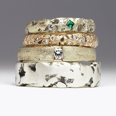 Sandcast & Rock Ring Stacking Set in Heritage Gold with Heirloom Diamonds and Emeralds