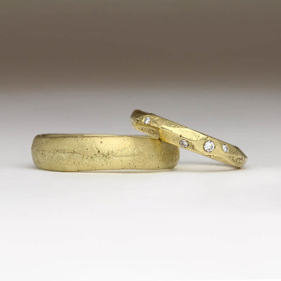 Customised Sandcast Wedding Rings in Yellow Gold and Own Diamonds
