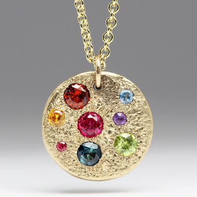 Sandcast 9ct Gold Gemstone Disco Pendant with Amethyst, Aquamarine, Garnet, Peridot, Sapphires, Spinel & Tourmaline