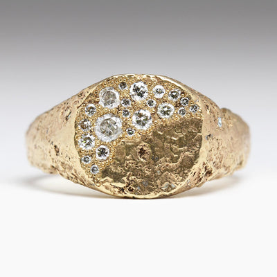 Diamond Encrusted Sandcast 9ct Gold Signet Ring