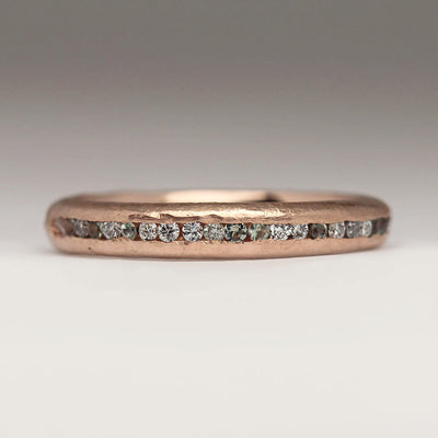 Half Eternity Sandcast Ring in 9ct Red Gold with Channel Set Grey and White Diamonds and Green Sapphires
