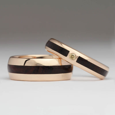 Matching Wedding Rings – 9ct Rose Gold, Kingwood and Champagne Diamond