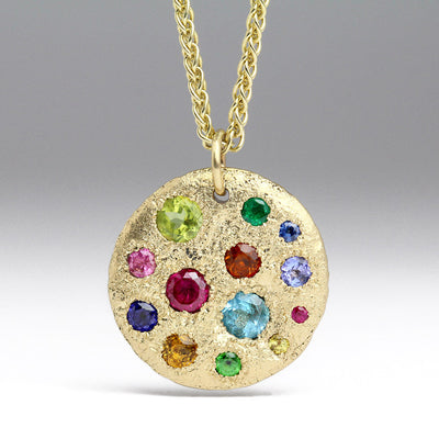 Sandcast 9ct Yellow Gold Disco Gemstone Pendant with Sapphires, Citrines, Topaz, Tanzanite, Peridot, Tsavorite Garnet & Emerald
