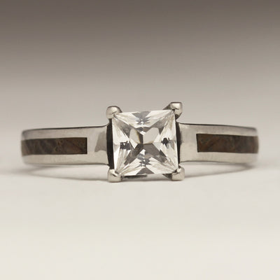 Palladium Engagement Ring with White Sapphire and Oak Inlay