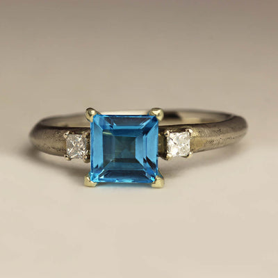 Palladium Sandcast Ring with Princess Cut Topaz and Diamonds