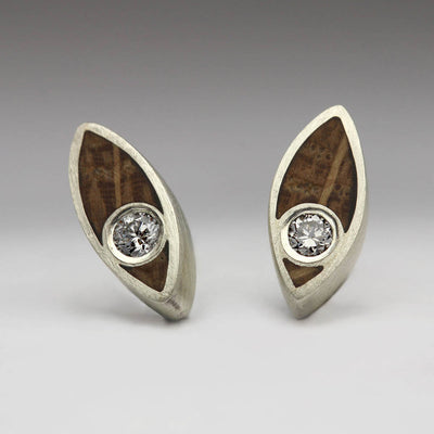 Pointed Silver Studs with 2mm Diamonds and Cornish Oak