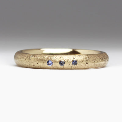 9ct Yellow Gold Sandcast Ring with Trio of Sapphires Flush Set