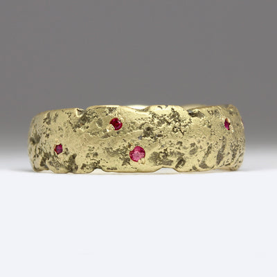 18ct Yellow Gold Extra Texture Sandcast Ring with Scatter of Rubies